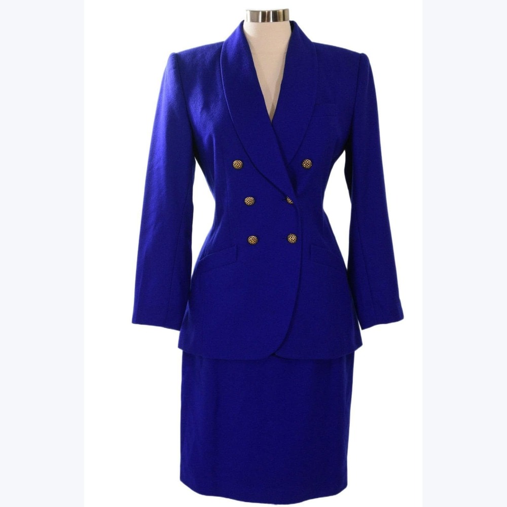 90s Vintage Le Suit Skirt Suit Womens 8 Cobalt Blue Double Breasted Shawl Lapel - Picture 2 of 10